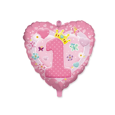 PALLONCINO PRIMO COMPLEANNO IN FOIL CUORE CON NUMERO 1 GONFIABILE AD ELIO 45 CM
