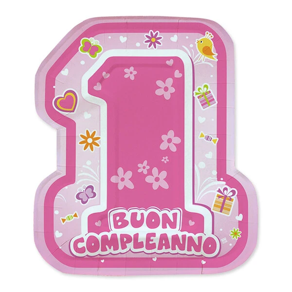 8 PIATTI PRIMO COMPLEANNO CON SAGOMA N 1 GIRL 21X25 CM