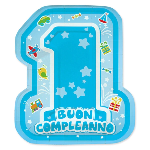 8 PIATTI PRIMO COMPLEANNO CON SAGOMA N 1 BOY 21X25 CM
