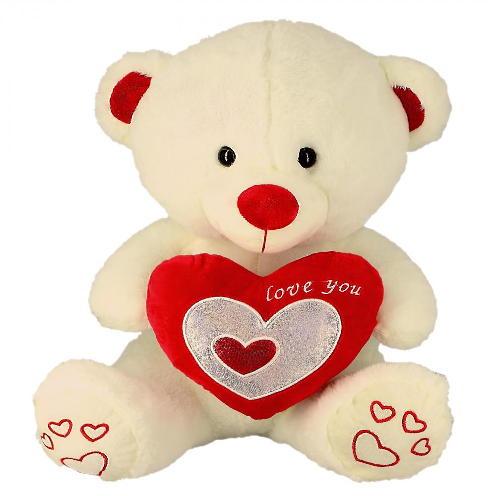 B5424Peluche Orso panna con cuore rosso e argento 45 cm 