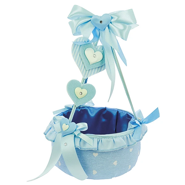 CESTINO NASCITA PORTACONFETTI STOFFA CON CUORI 16X27 -CIELO  