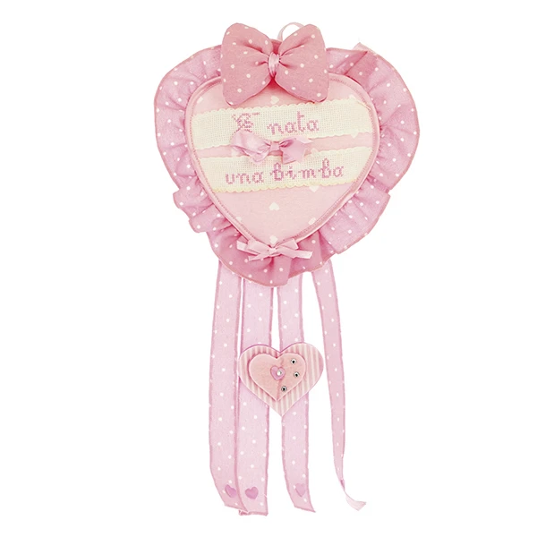 FIOCCO NASCITA CUORE STOFFA CON PUNTO CROCE  E′ NATA... 25X45 -CIELO&q  