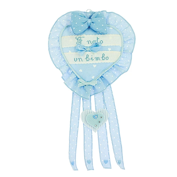 FIOCCO NASCITA CUORE STOFFA CON PUNTO CROCE  E′ NATO... 25X45 -CIELO&q  