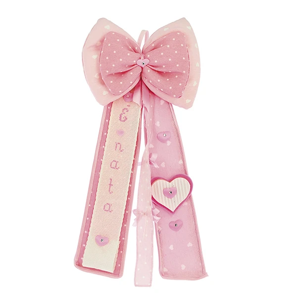 FIOCCO NASCITA STOFFA CON PUNTO CROCE  E′ NATA 19X40 -ROSA 
