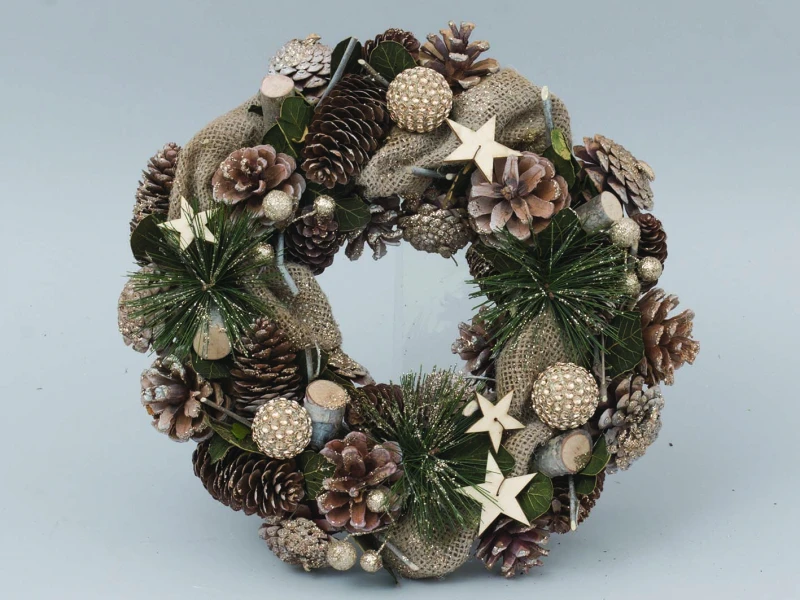 "NATALE" CORONA PIGNE GLITTERATE DECORAZIONI IN JUTA STELLINE SFERE CON STRASS CM 32