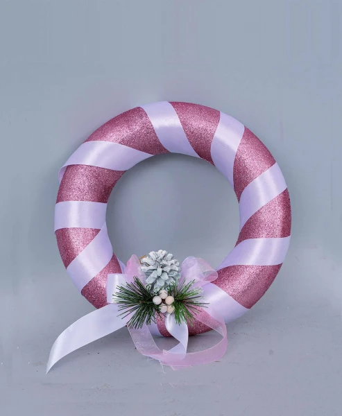 "NATALE" CORONA POLISTIROLO CM 35 ROSA CON FASCE BIANCHE