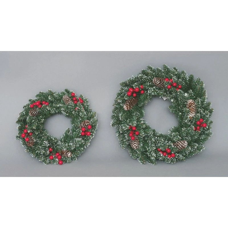 "NATALE" CORONA PVC FERRO CM.30 VERDE PUNTE BIANCHE CON BACCHE ROSSE E PIGNE