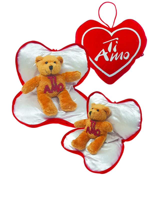 Cuore peluche 15 cm con cerniera e orsetto con glitter  