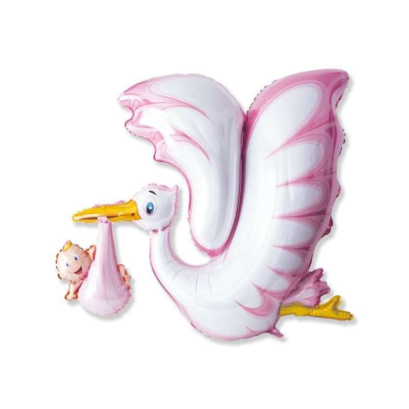 PALLONCINO NASCITA IN FOIL CICOGNA ROSA GONFIABILE AD ELIO (106X94 CM CIRCA)