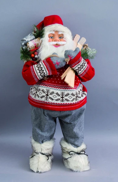 "NATALE" babbo natale fisso cm 90 con maglione rosso lana e sci legno