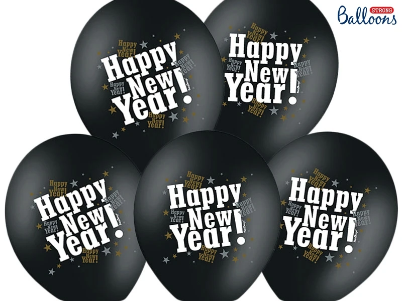 PALLONCINO LATTICE NERO CON SCRITTA HAPPY NEW YEAR (30 CM CIRCA) 50 PZ