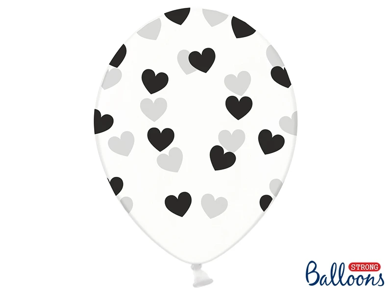 PALLONCINO LATTICE TRASPARENTE CON CUORI NERI (30 CM CIRCA) 50 PZ
